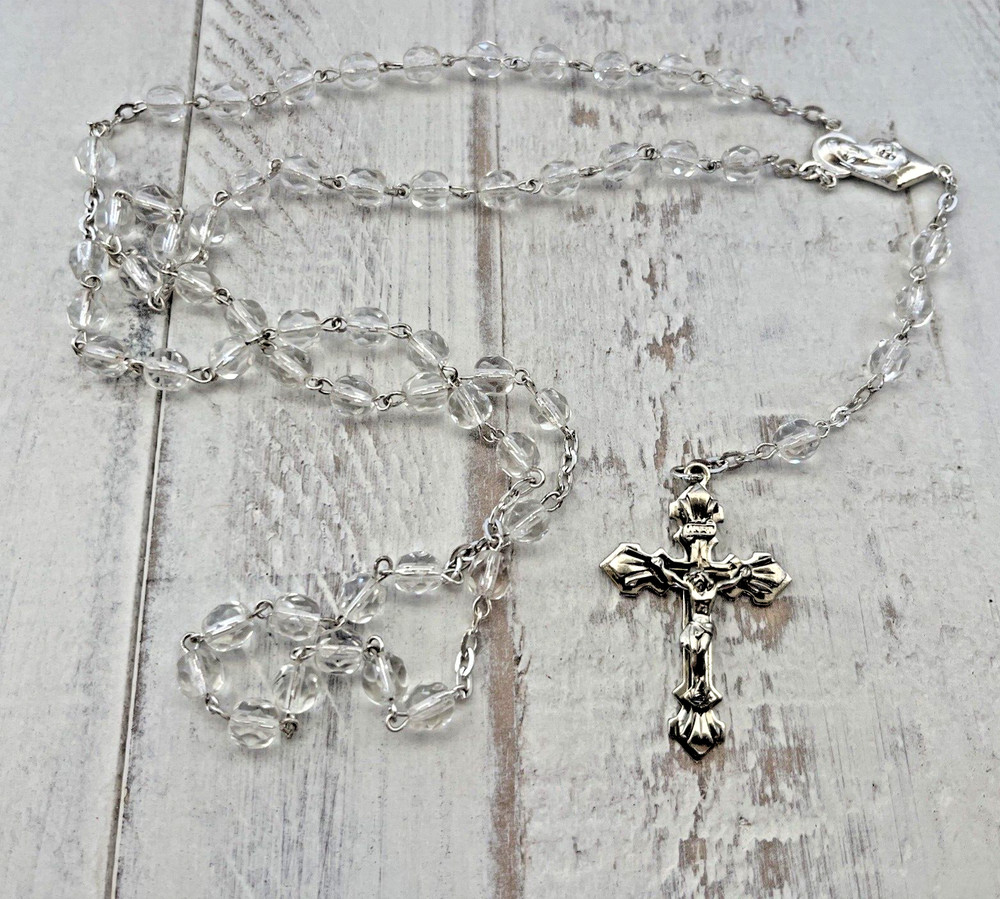 Clear Multi Faceted Cut Rosary Beads INRI 19"