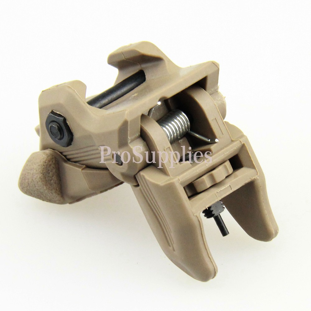 TAN Polymer Flip Up Folding Auto Deploy Front & Rear BUIS Back Up Sight Set