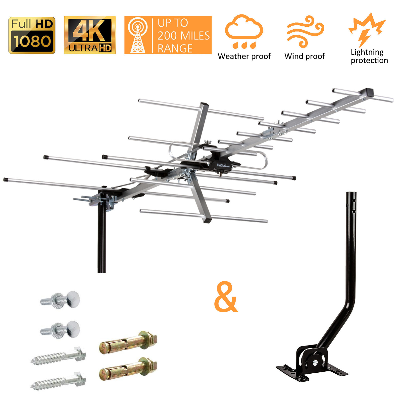 Five Star Yagi HD TV Antenna Outdoor Antenna VHF UHF TV Mounting Pole 40ft Cable
