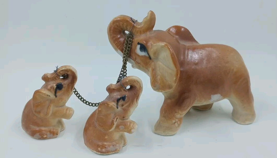 Vintage ELEPHANT FIGURINES Mom With 2 Babies on Chains Ceramic Collectible Japan