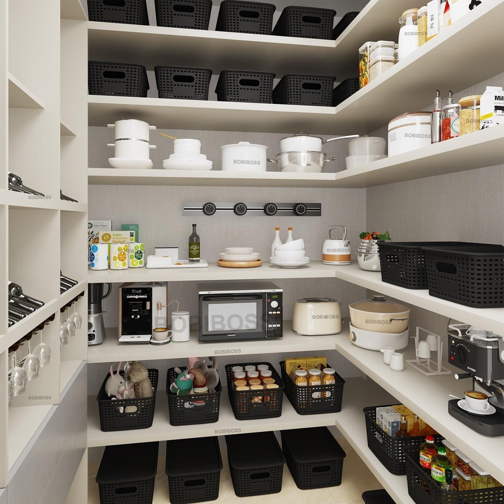 Black Plastic Storage Baskets with Lids 12 Pack Stackable Storage Bins Contai...