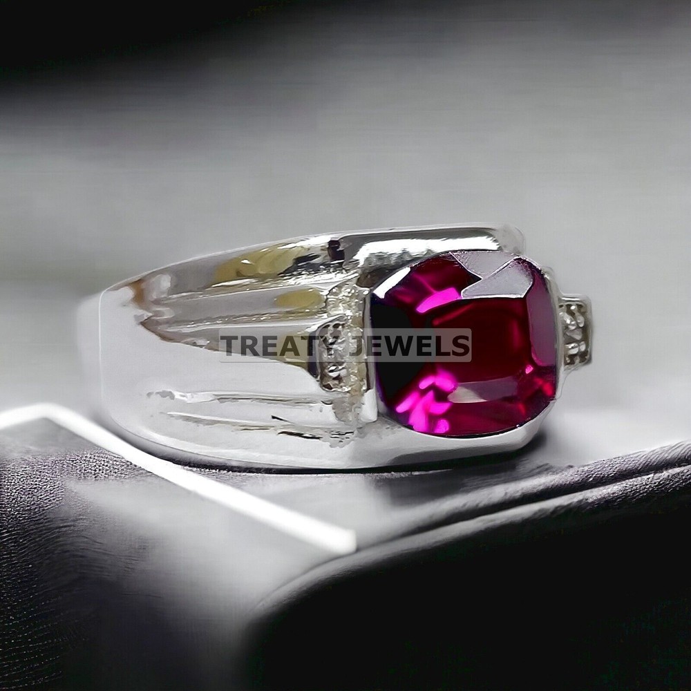 Ruby Cushion Cut Gemstone With 14K Solid White Gold Ring For Men's #976