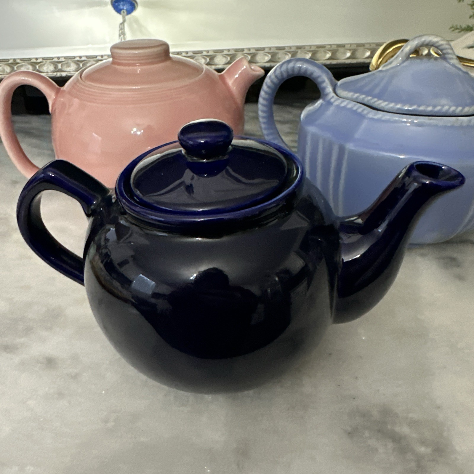 Lot Of 4 Beautiful Teapots In Various Colors. 3 Solid And 1 Floral Patterned
