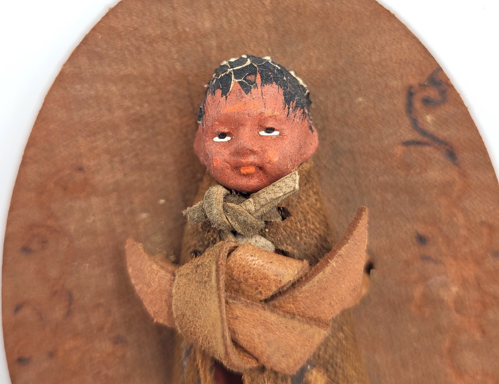 Antique Hand Crafted Clay And Leather Native American Papoose Cradle Doll