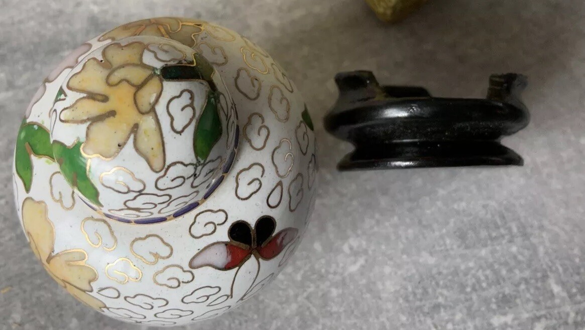 Miniature Chinese Cloisonné Lidded Ginger Jar With Stand and Original Box VTG