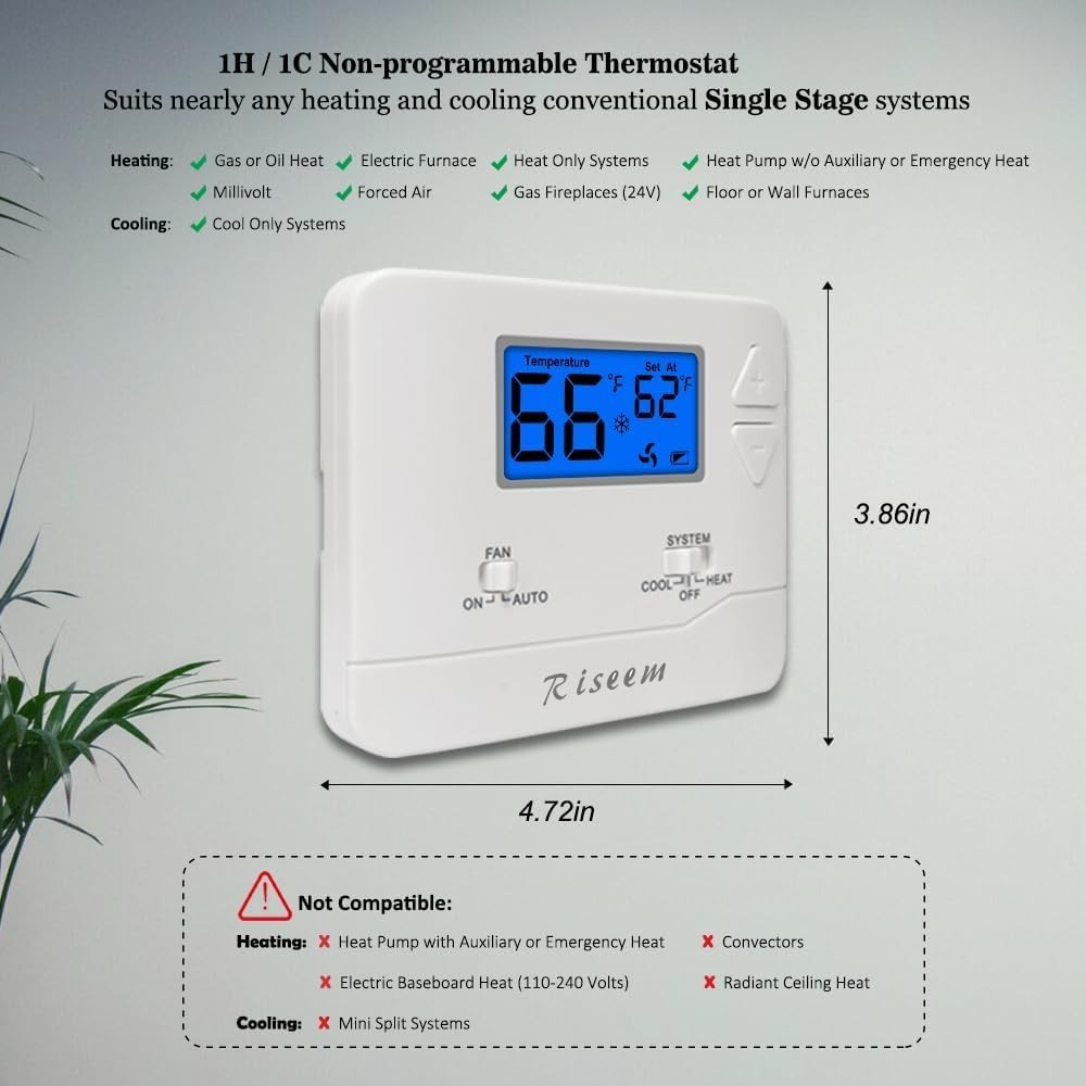Battery-Powered Blue Backlight Thermostat for Single-Stage Systems, Easy Control