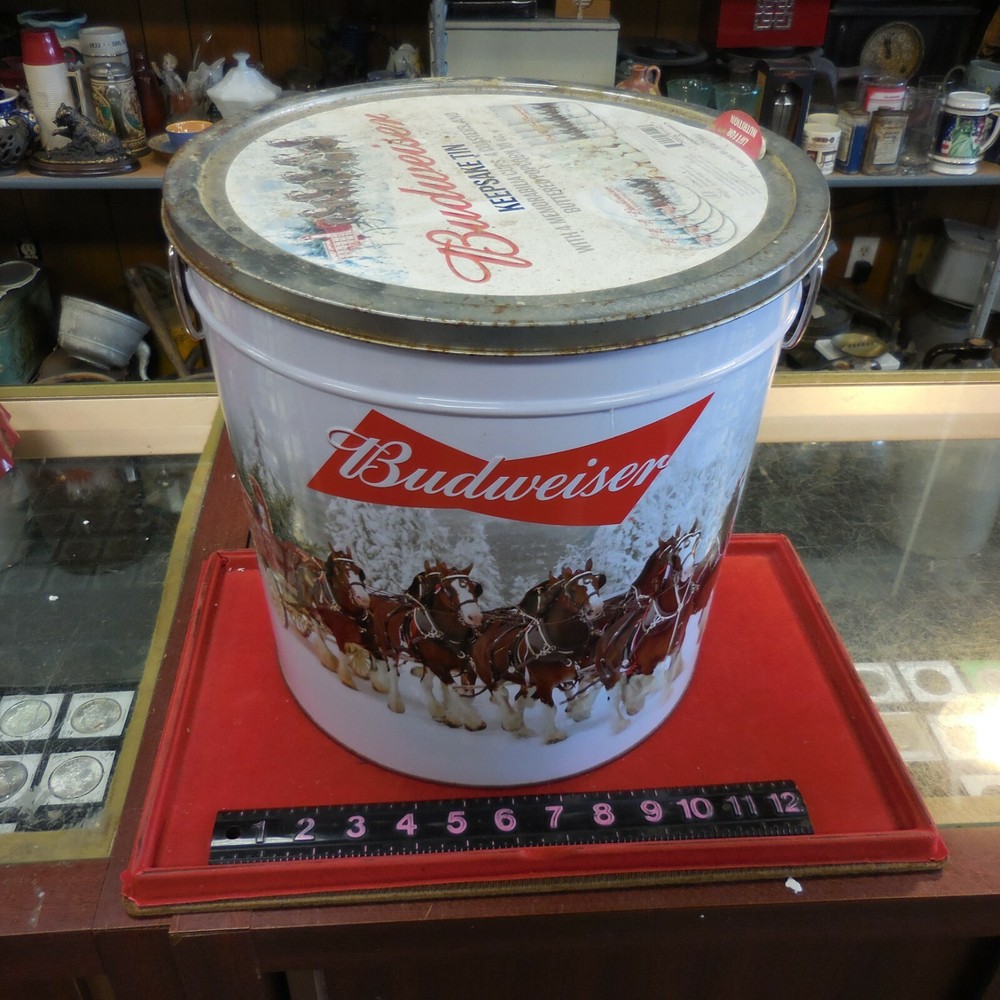 BUDWEISER  KEEPSAKE TIN & 4 COASTERS--POPCORN EMBOSSED CAN HT-11.5" X DIA. 12"