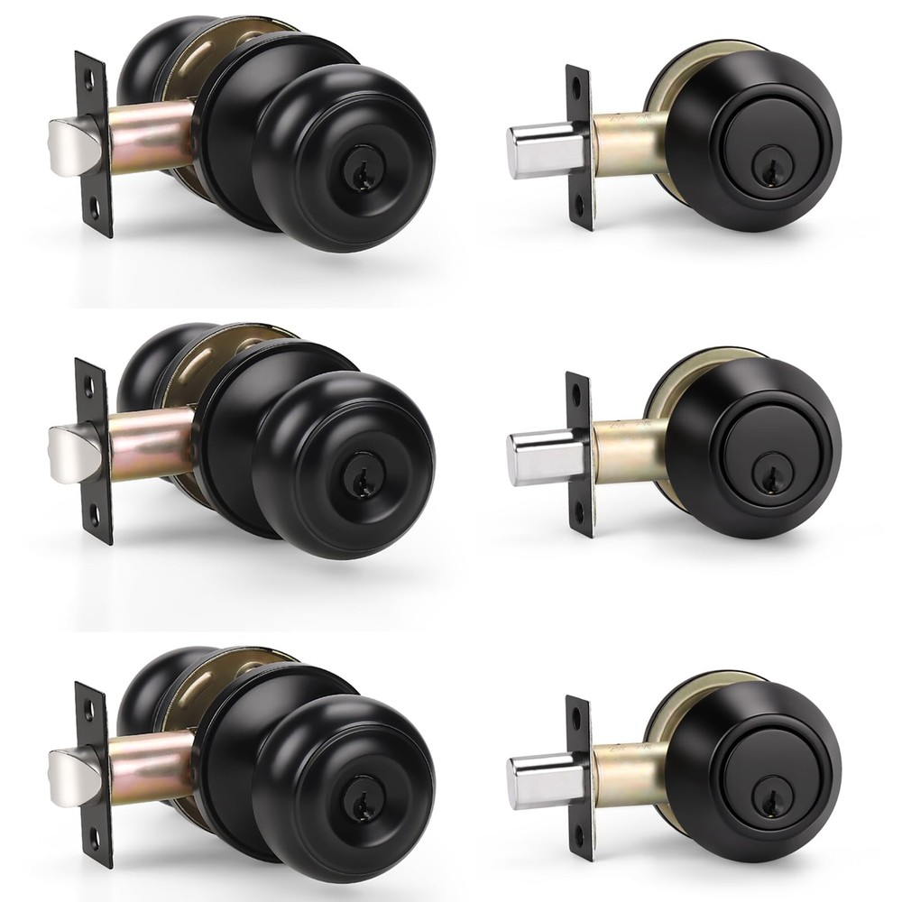 KNOBWELL 3 Pack Keyed Alike Entry Door Knobs and Single 3 Pack, Black