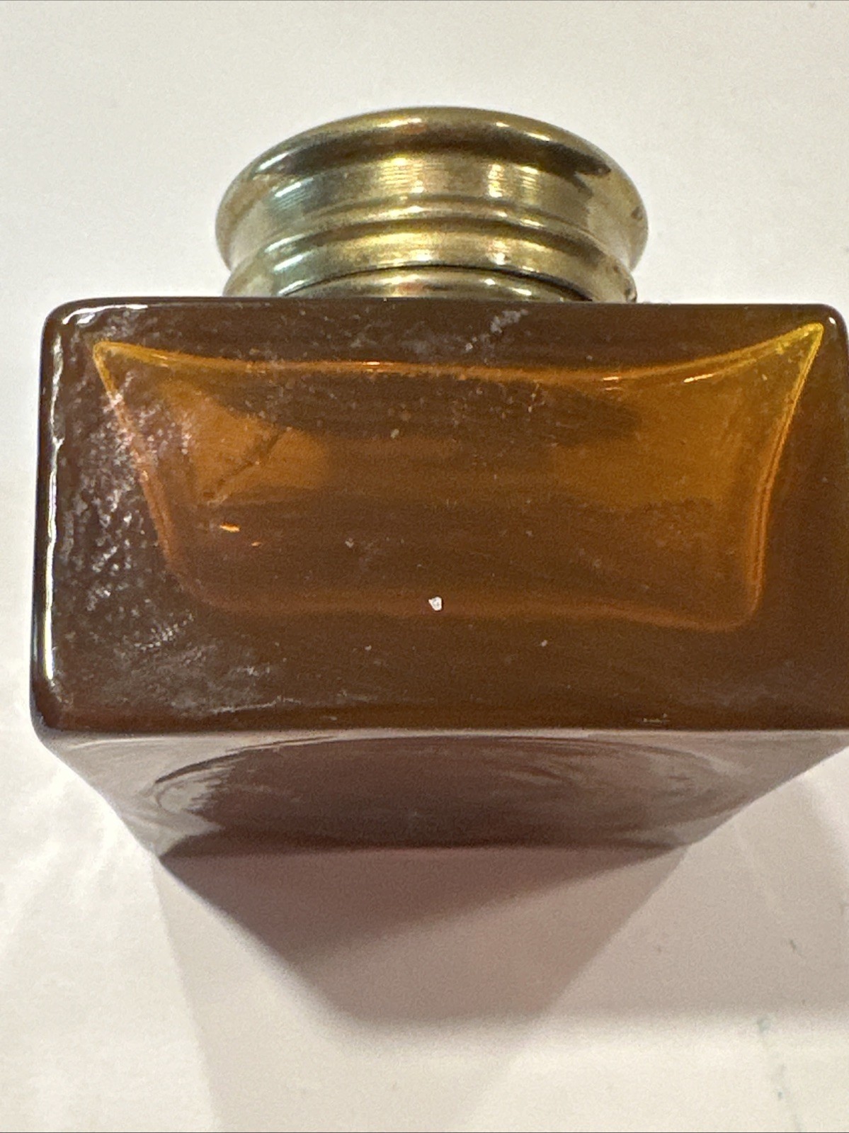 Vintage Amber Glass Inkwell with Brass Cap - Small Collectible Ink Pot