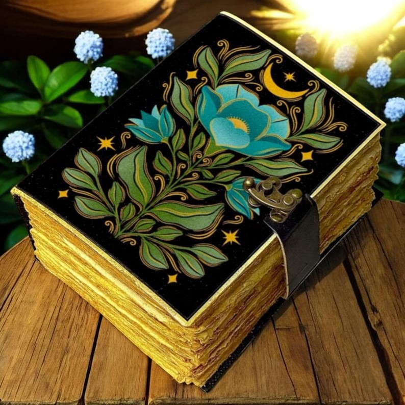 Celestial Flower Leather Journal - Handmade Deckle Edge Paper Grimoire