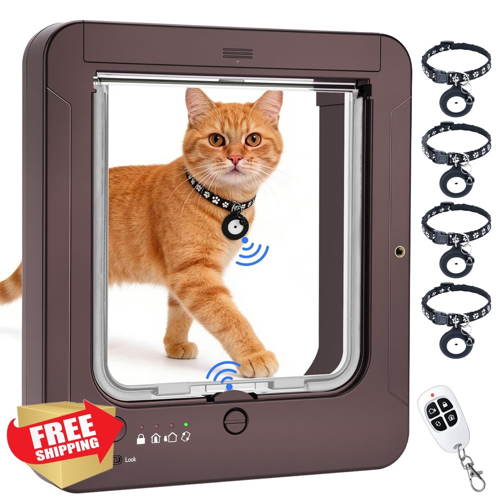 Smart Cat Door Brown RFID Collar Sensor 4 Way Locking Pet Flap