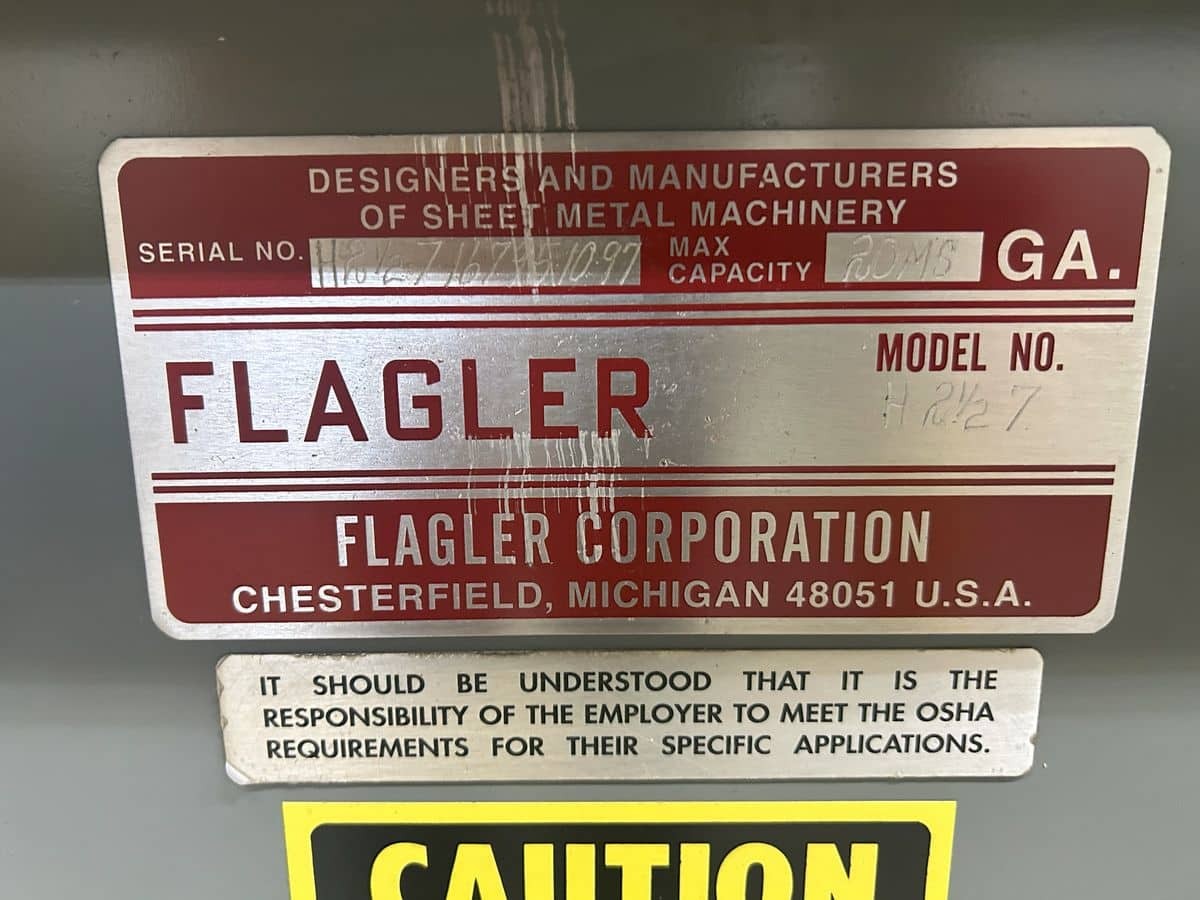 Flagler H2-1/2 7 20 Gauge Roll Former