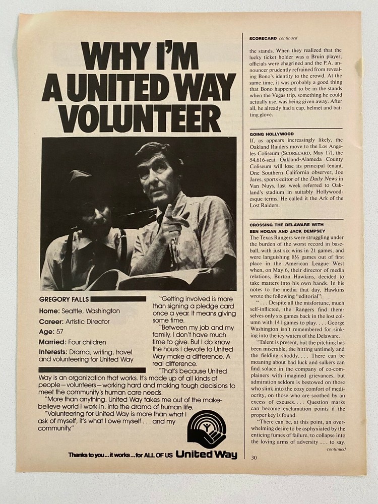 United Way Gregory Falls Artistic Director Vintage 1982 Print Ad