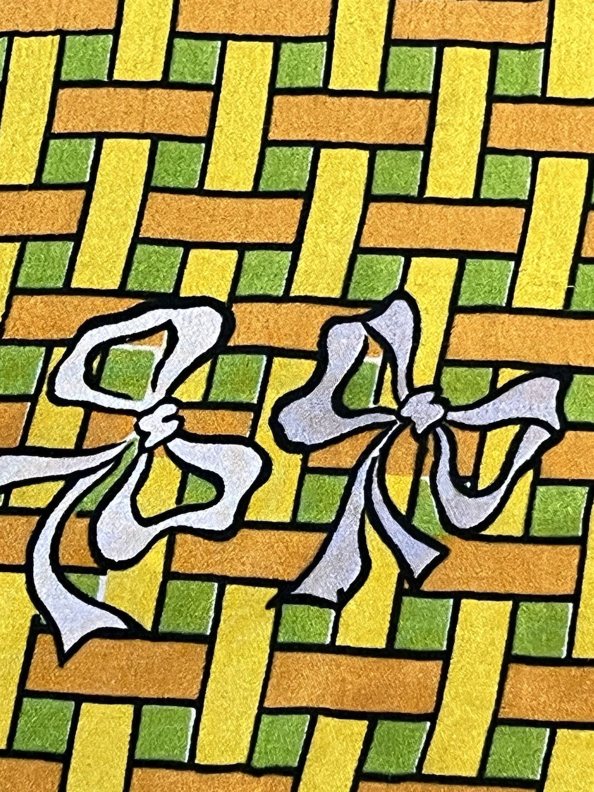 Vintage Unbranded Rectangle Woven Basket Pattern Bows Green Yellow Orange Scarf