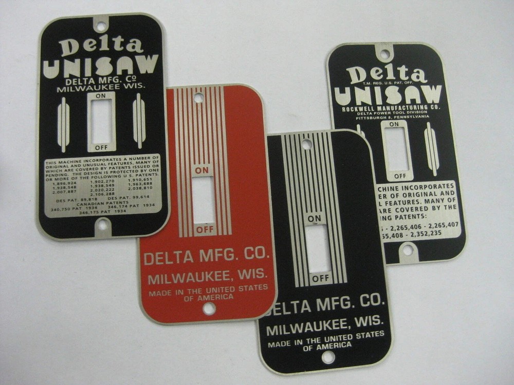 VINTAGE SWITCH PLATES - DELTA UNISAW AND DELTA MFG STYLES