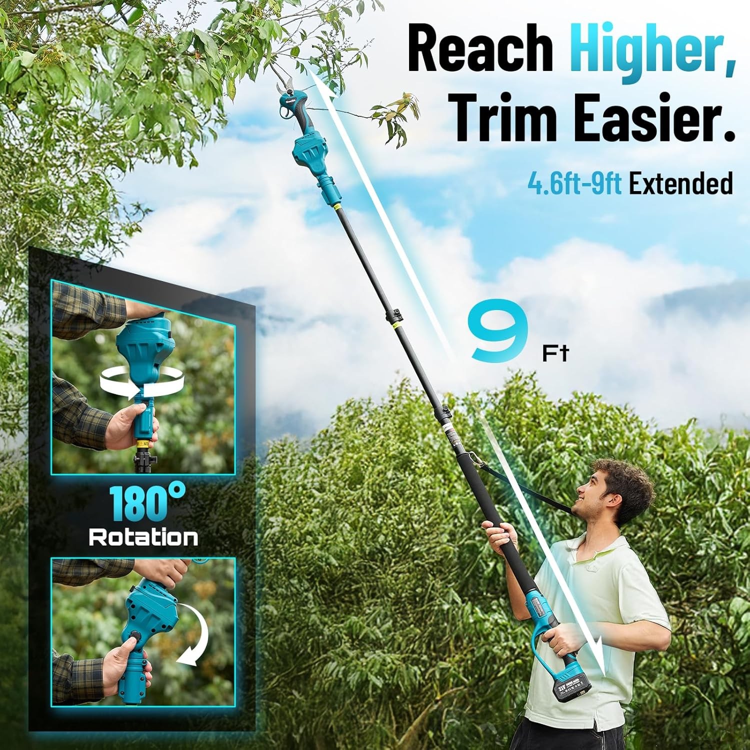 Seesii 2 in 1 Cordless Electric Pole Pruning Shear 15FT Reach 2x4000mAh Battery