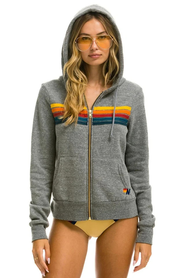 New Aviator Nation Full Zip 5 Stripe Hoodie HEATHER GREY Small MSRP $196
