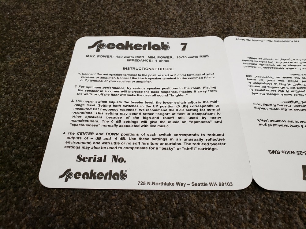 Speakerlab 7 Label Sticker For Model with Switches