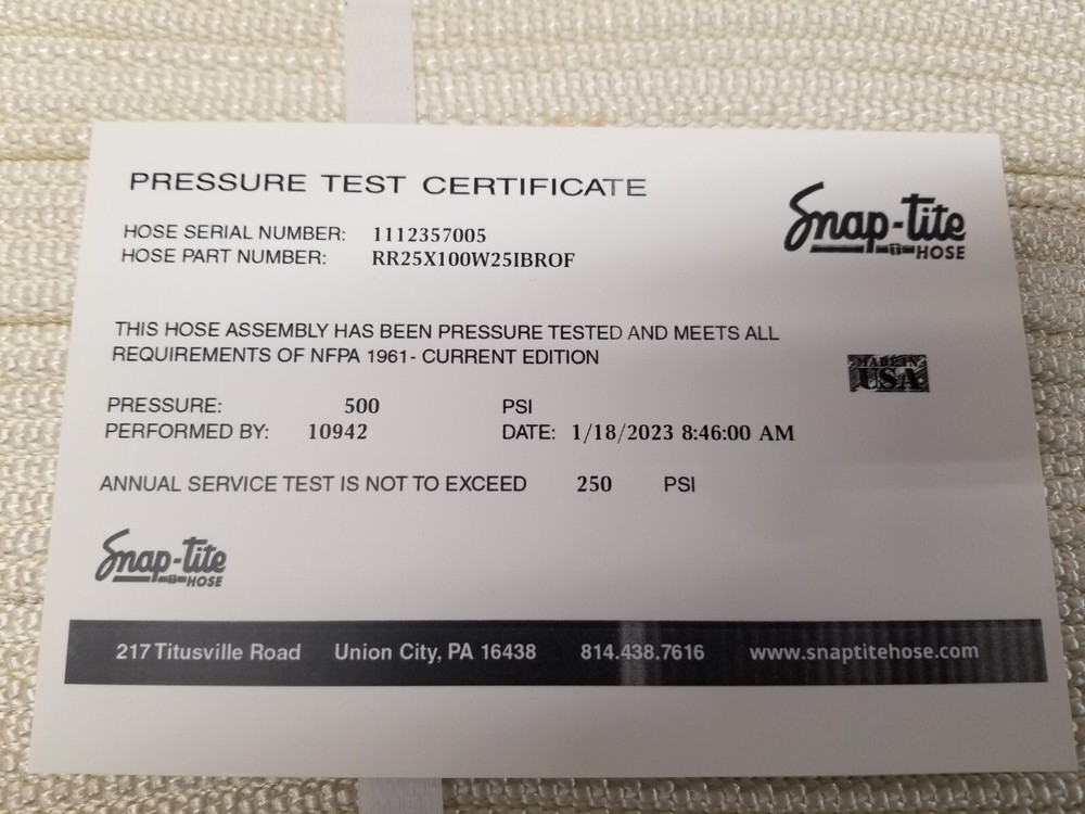 Snap-Tite Fire Hose, 50 ft, White, Polyester, Fire Hose, Single Jacket, 2-1/2"