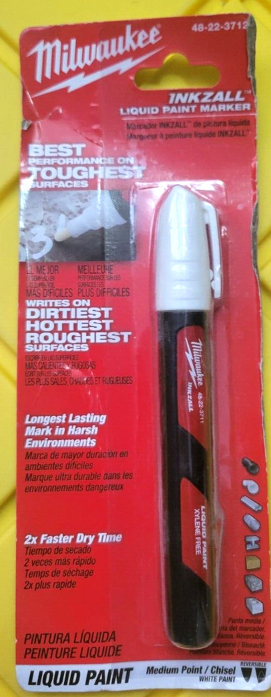 Milwaukee Inkzall White Liquid Paint Marker Reversible Medium Point Chisel Tip