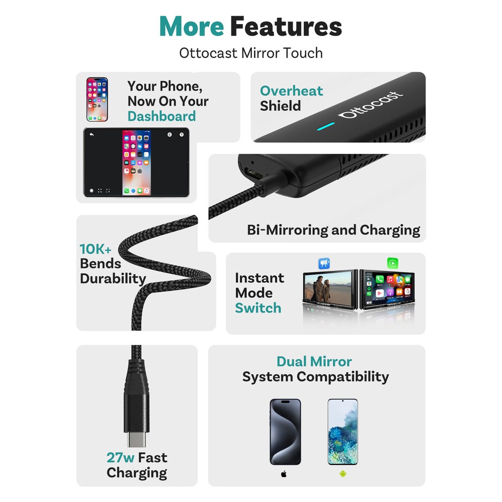 Ottocast Mirror Touch Wireless CarPlay Adapter Bidirectional control Phone & Car