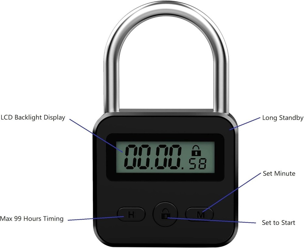 Metal Timer Lock - Electronic Time Padlock with LCD Display - USB Rechargeable
