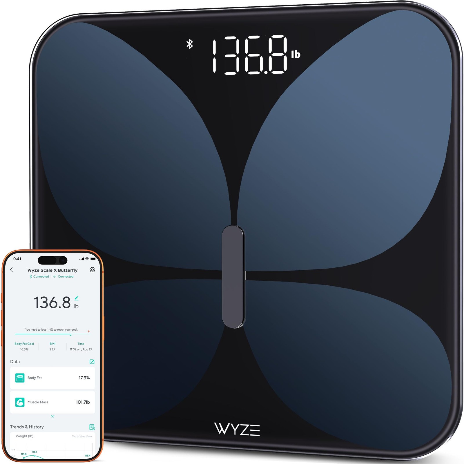 Wyze Smart Scale X - Body Composition Heart Rate  Fitness App Sync 400 lb Black
