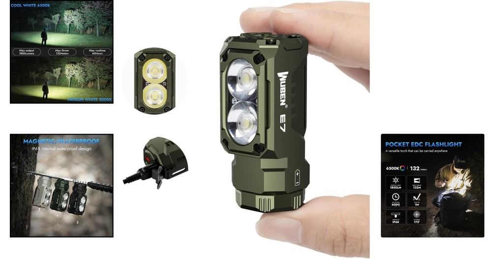 Super Bright 6-Mode E7 Mini Flashlight - Rechargeable, Magnetic, Army Green