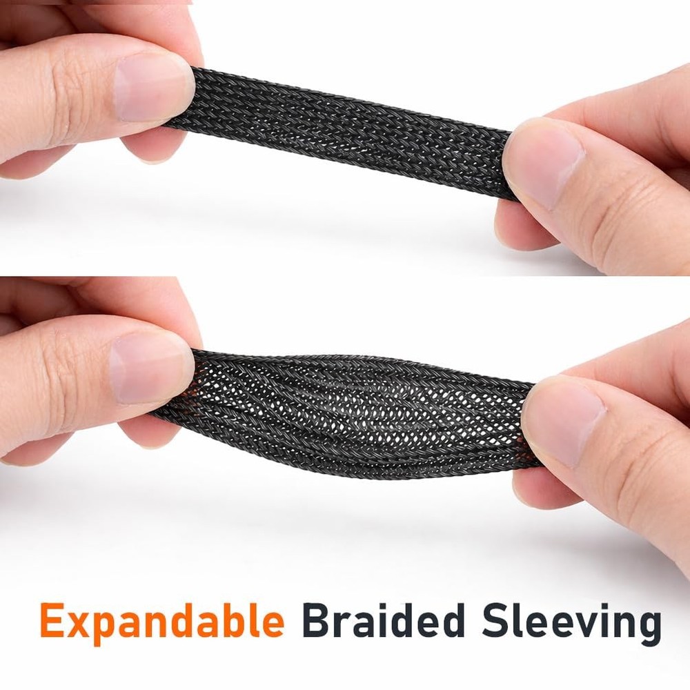 25ft Expandable Non-Split PET Braided Cable Sleeve, High-Temperature Black Lo...