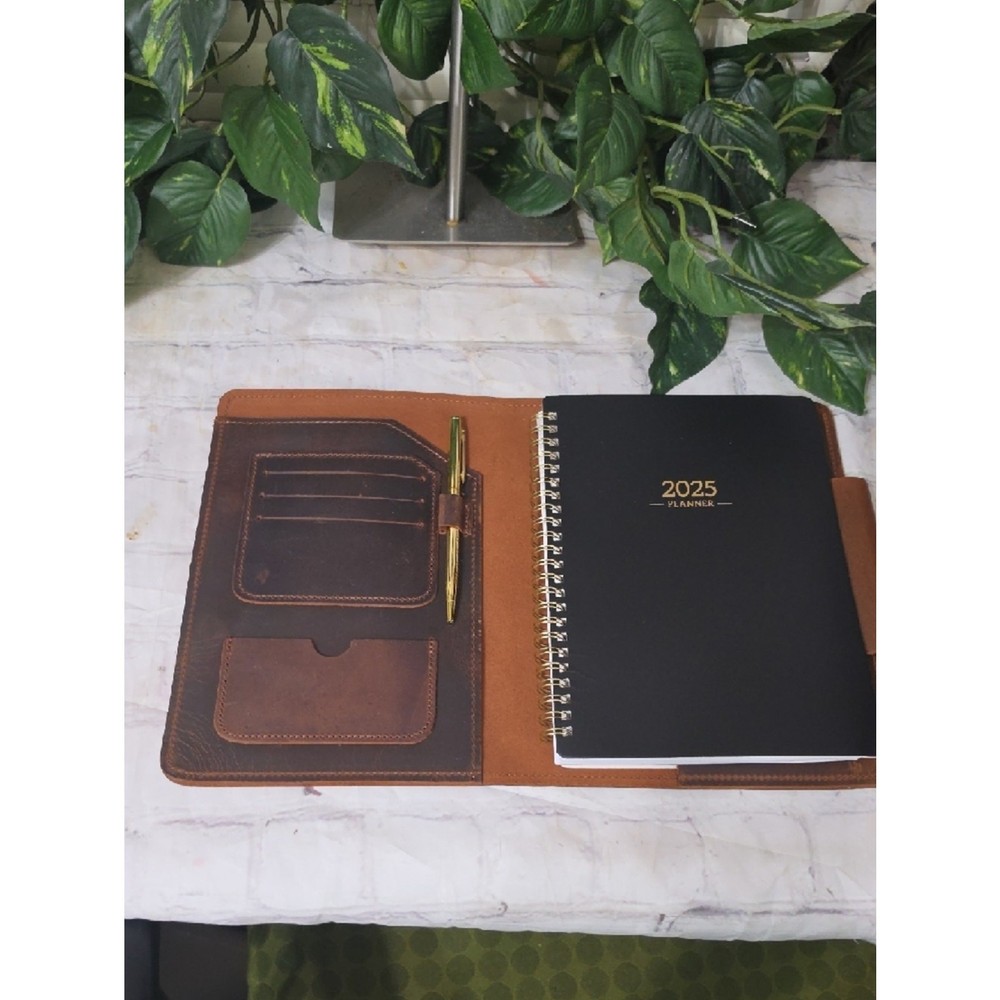 Handmade Brown NWOT Leather Refillable Calendar/Notebook W/ Snap Strap