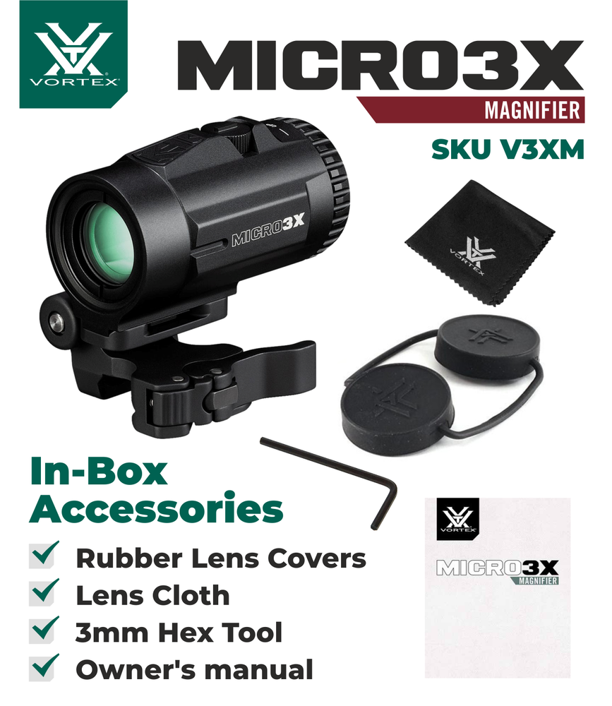 Vortex Optics Micro3X Red Dot Sight Magnifier w/ CD Hat and Cleaning Pen Bundle