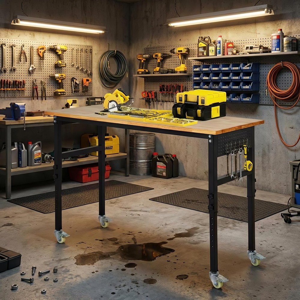 48" Adjustable Workbench w/ Wheels & Pegboard, Work Table for Garage, Workshop