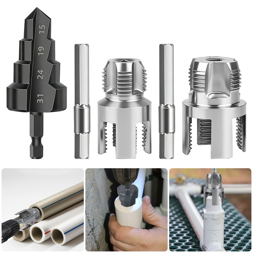 3x PVC Pipe Internal External Thread Cutter Tool Kit 1/2" 3/4" + Step Drill Bit