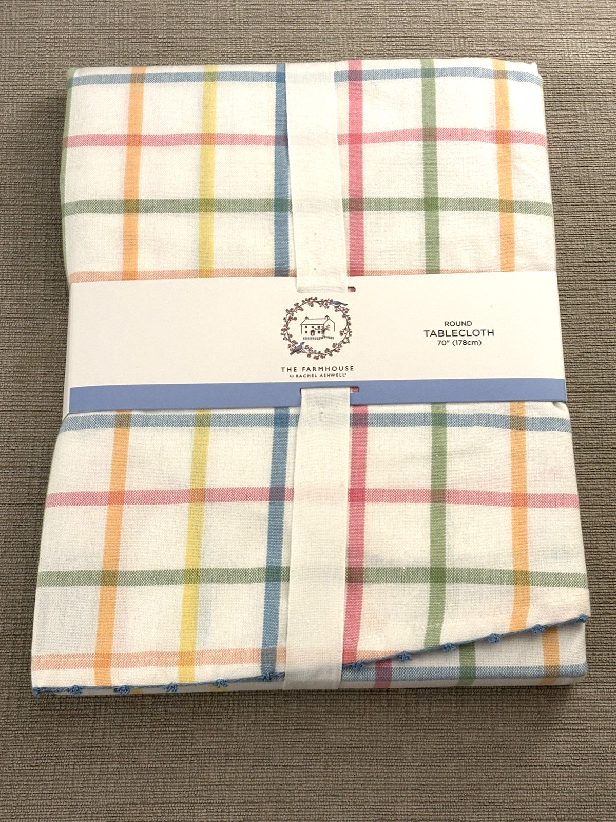 7pc Rachel Ashwell Farmhouse Pastel Plaid Round Tablecloth & Napkins - NWT
