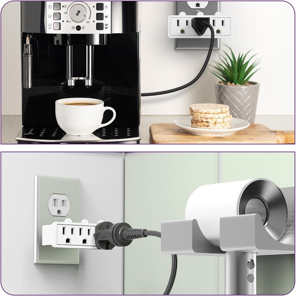 Three way rotating outlet plug adapter right angle wall extender grounded