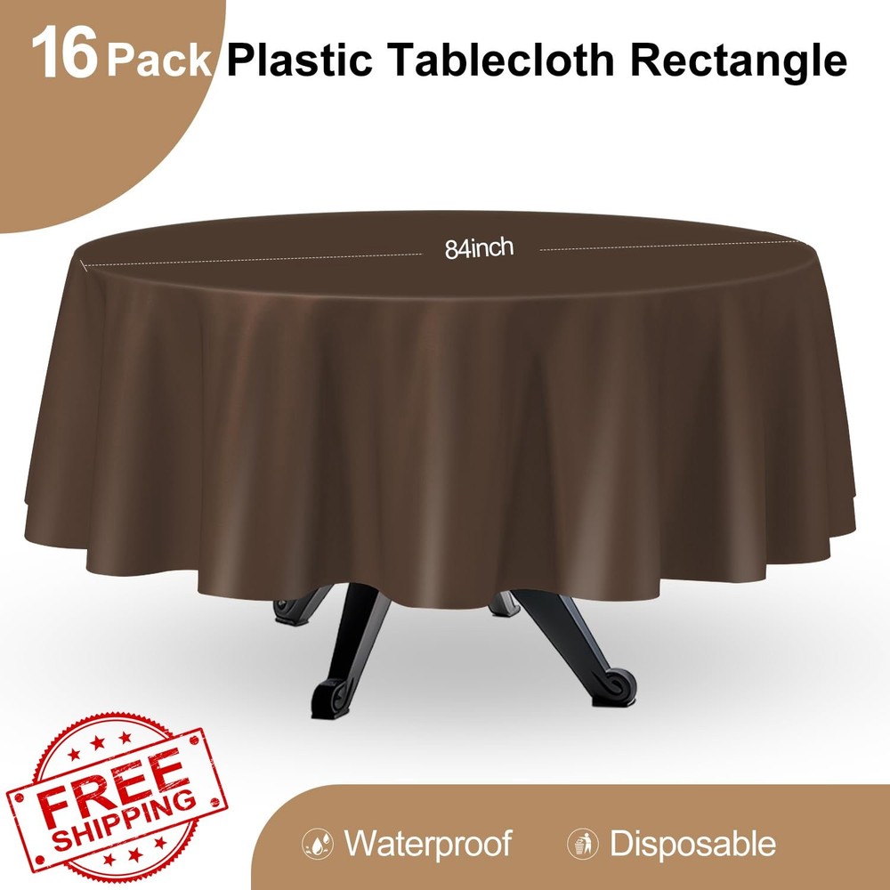 Kongdaoth Brown 16 Pack 84 Inch Plastic Disposable Round Tablecloth Party