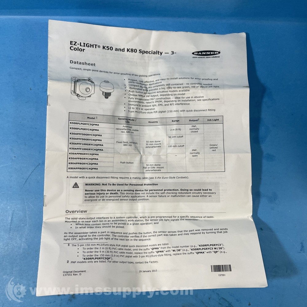 Banner Engineering Corp. K50APFF100GRYC4QPMA Pushbutton 2014