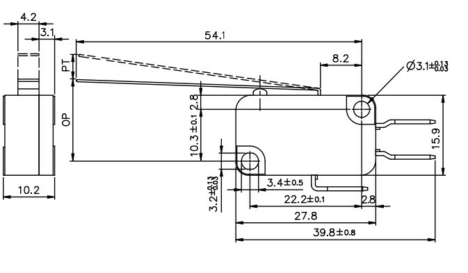Micro Switch (Tend) TMV105-C; 10A Extra Lever Type; (1C bottom terminal #250)
