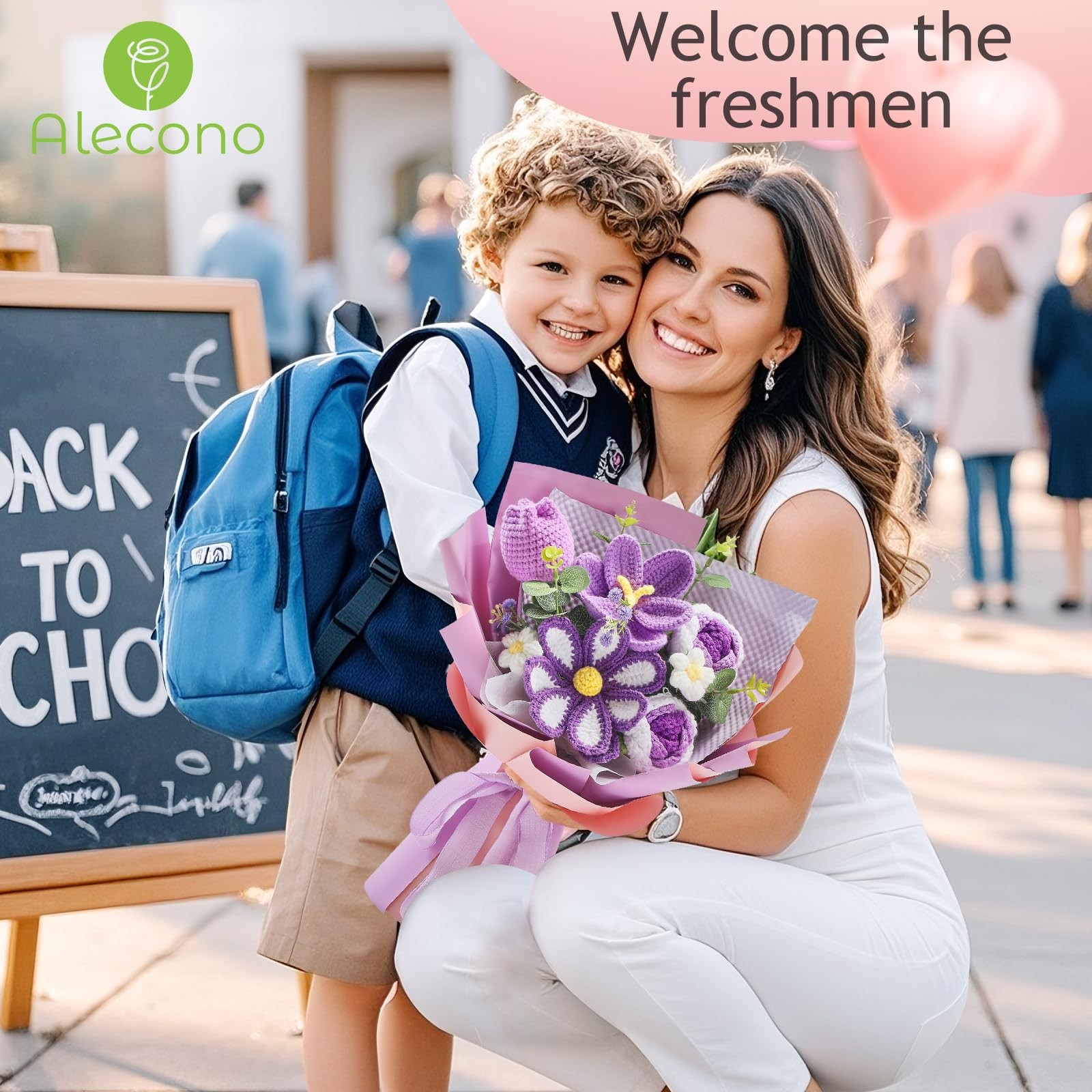 Alecono Crochet Flower Bouquet, Purple Knitted Flowers, Large,