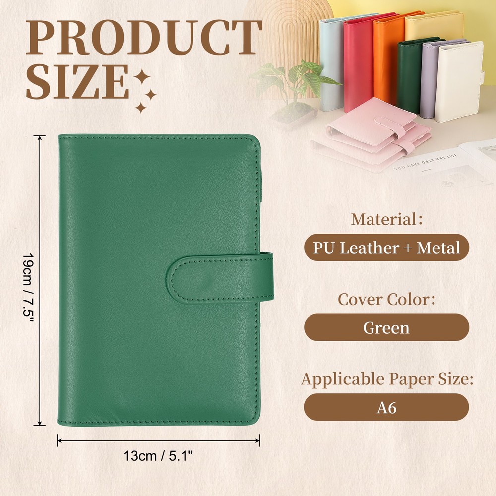 A6 PU Leather Binder Protector, 6 Ring Loose Leaf Notebook Shell, Green