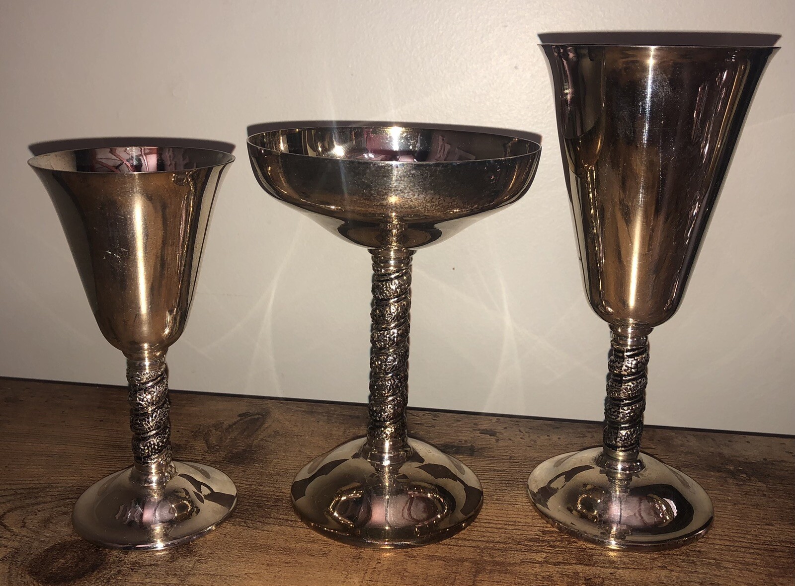 (12) Vintage Alfonso Lara Silverplate Wine Cups Goblets Spain Vine Twisted Stem