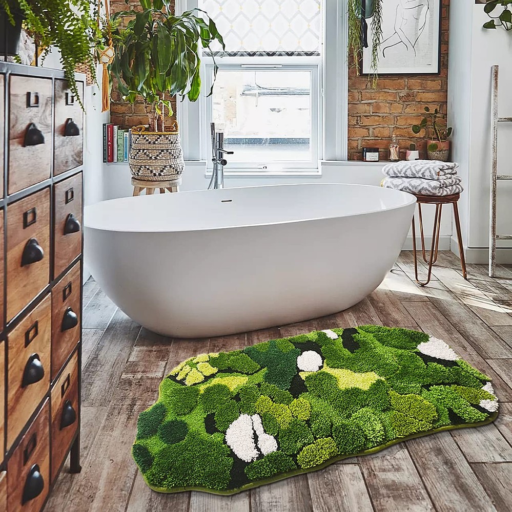Cute Green Moss Bathroom Runner Rug Long Rectangular Boho Aesthetic Leaf Leav...