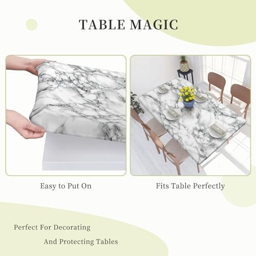Black and White Marble Tablecloth with Elastic Edge for 4ft Rectangle Table,