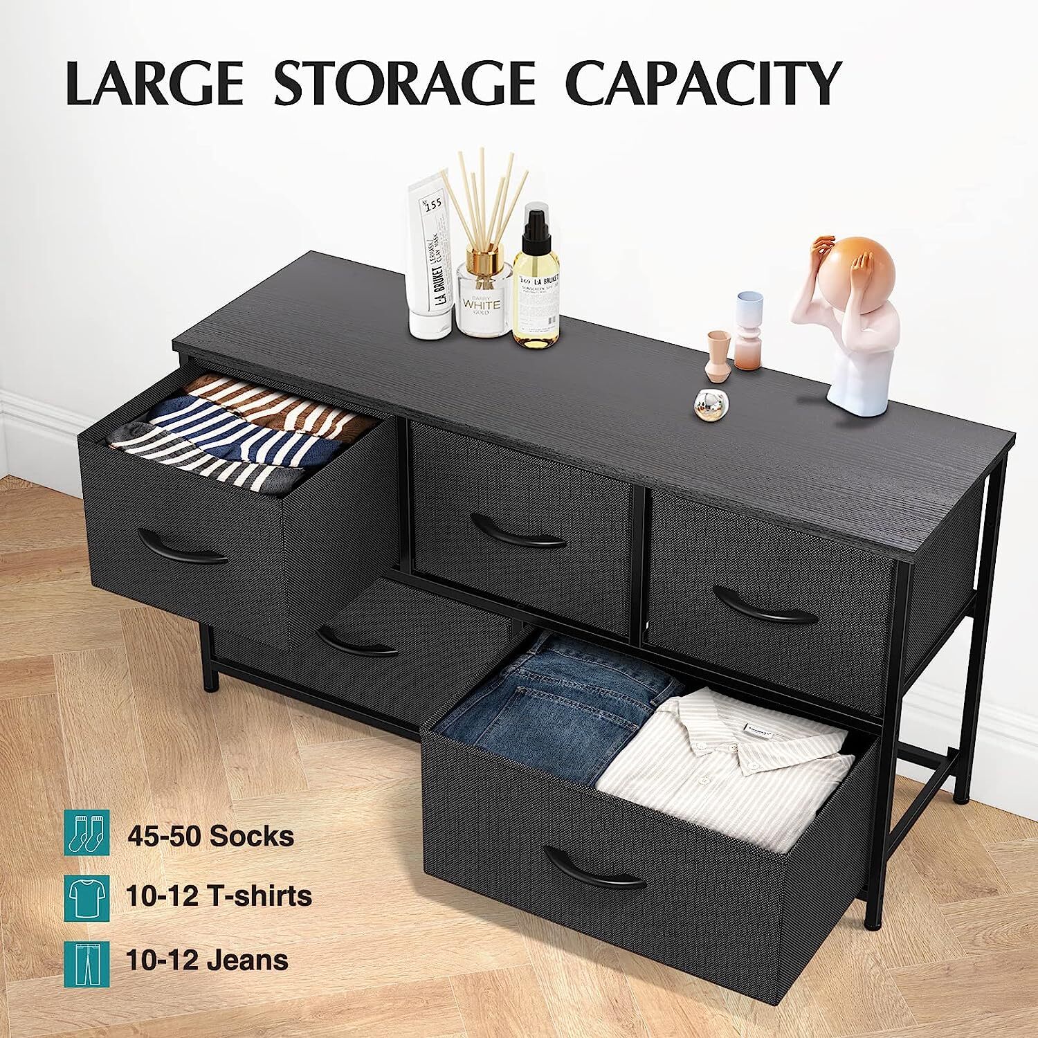 5 Drawers Black Dresser for Bedroom Wood Top Organizer Fabric Storage Drawers