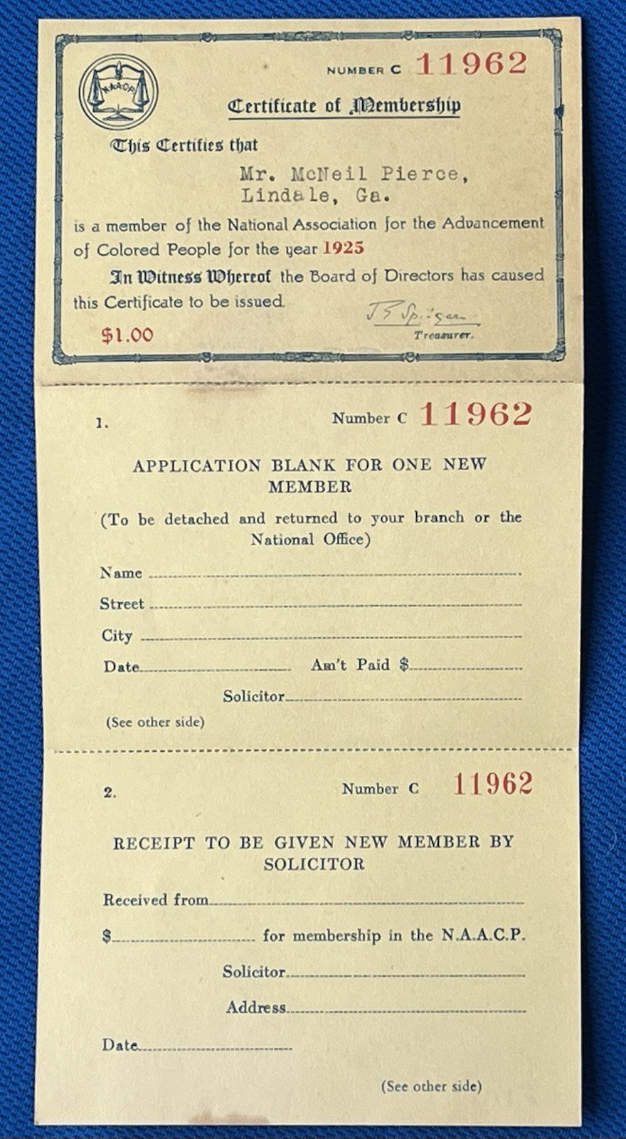 Super Early 1925 Georgia NAACP Membership Card Ga Chapter