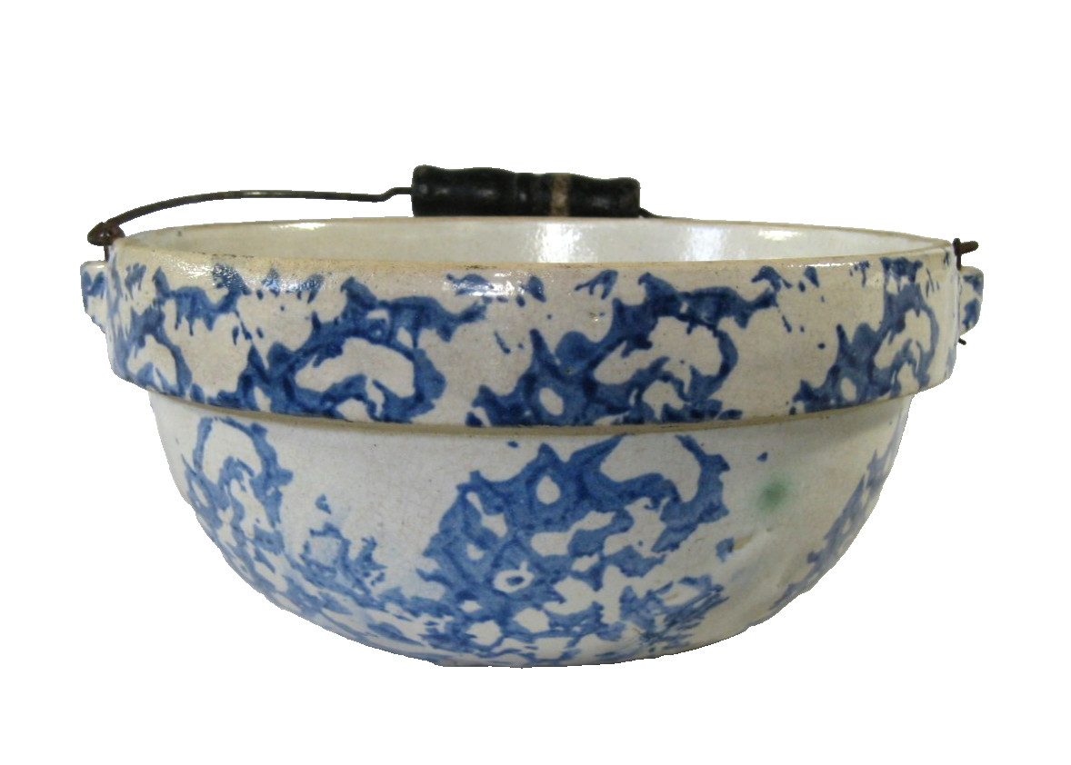 Spongeware Stoneware Blue & White Mixing Bowl with Bail Handle 8 1/2 in x 4 in