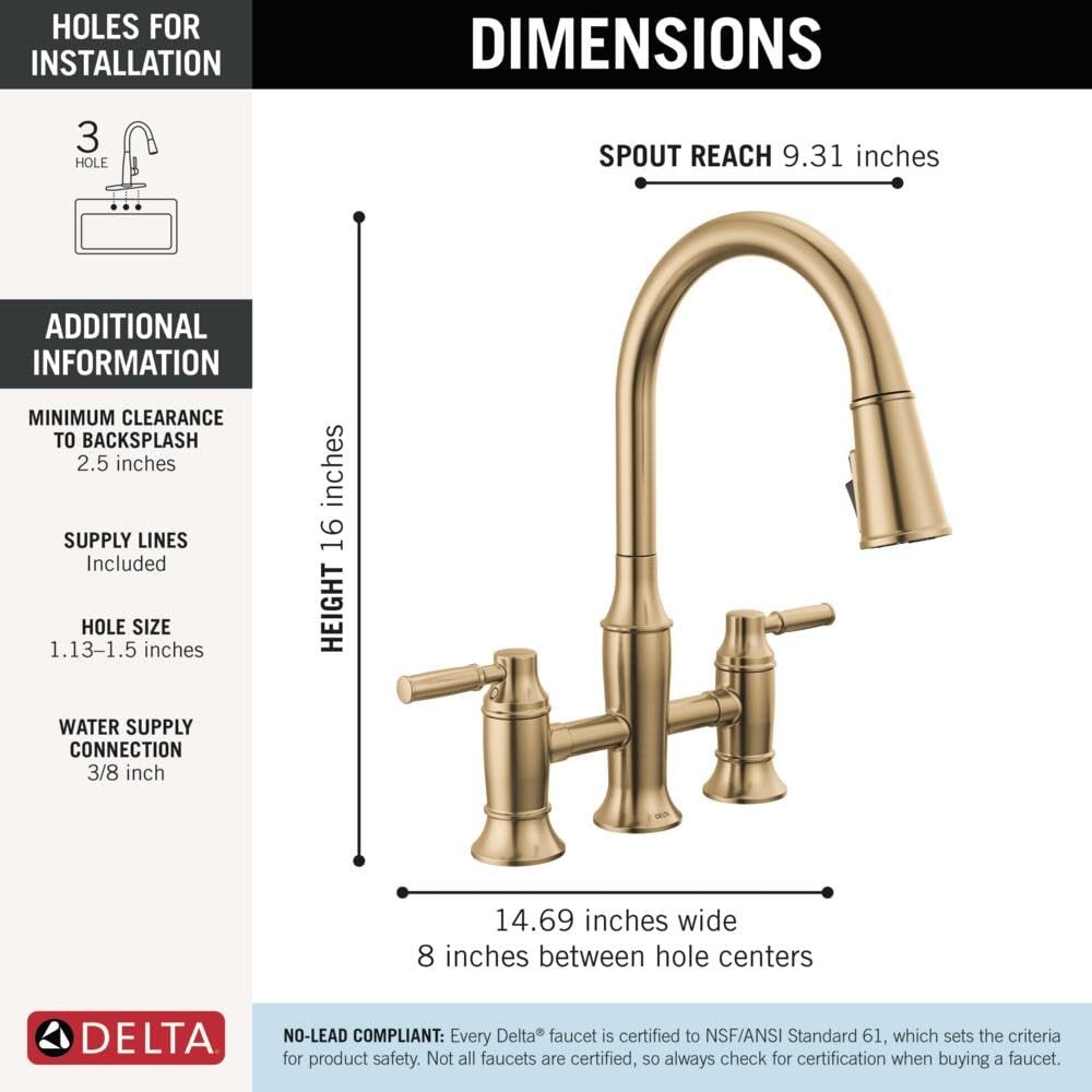 Delta Renaldi Brushed Gold Kitchen Faucet with Pull Down Sprayer Bridge 3 Hole