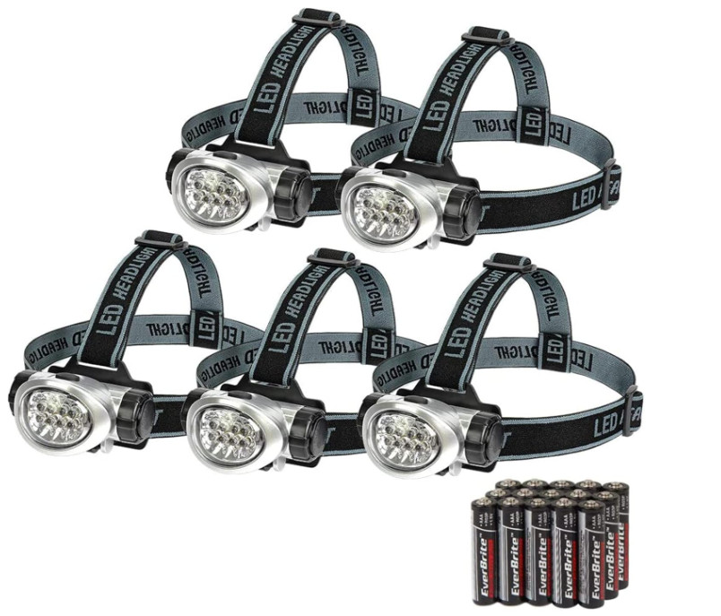 Linterna frontal LED x5 con 4 modos, ajustable, ideal camping running.  Pilas in