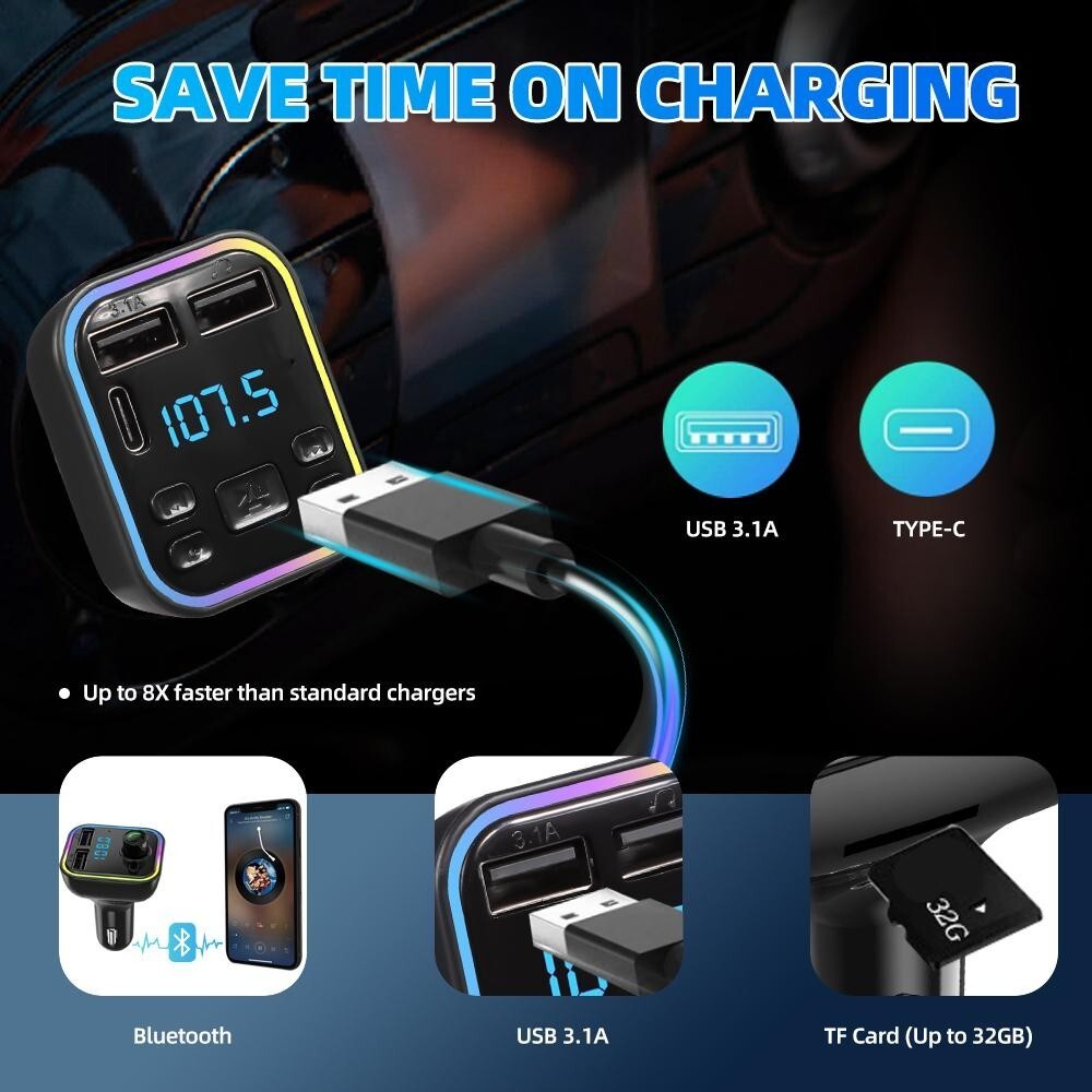 Wireless 5.0 Bluetooth FM Transmitter MP3 / USB / TYPE - C / PD Charger Adapter