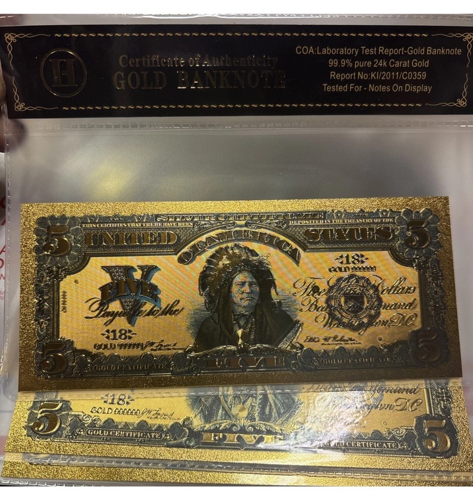 24K GOLD Foil 18* 5 Dollar Indian Head Certificate Rep. Collection Note